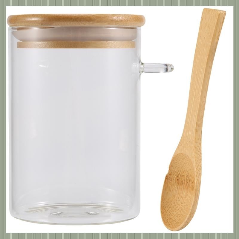 (W D Y Q)玻璃食品密封罐腳輪木製扭蓋廚房糖果儲罐罐竹食品容器帶木勺