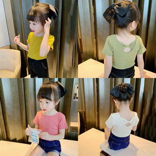 2-8歲女嬰露背蝴蝶結上衣兒童女孩棉針織基本款t恤日常純色薄款透氣短袖衣服