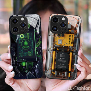 手機殼創意電路建築防摔保護套鋼化玻璃外殼適用於 iPhone 15Pro 15 14 8 7 Plus 13 12 Mi