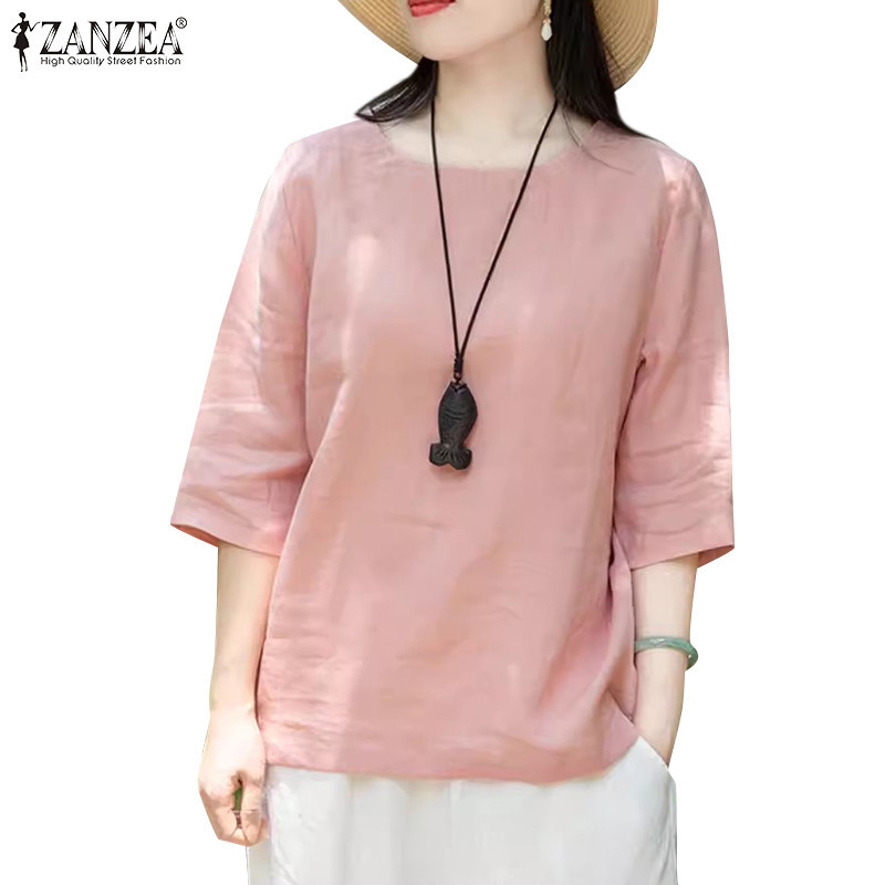 Zanzea 女式韓版寬鬆純色 O 領四分之三袖休閒襯衫