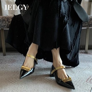 IELGY 法式高跟鞋瑪麗珍鞋蝴蝶結魔術貼金屬設計黑色