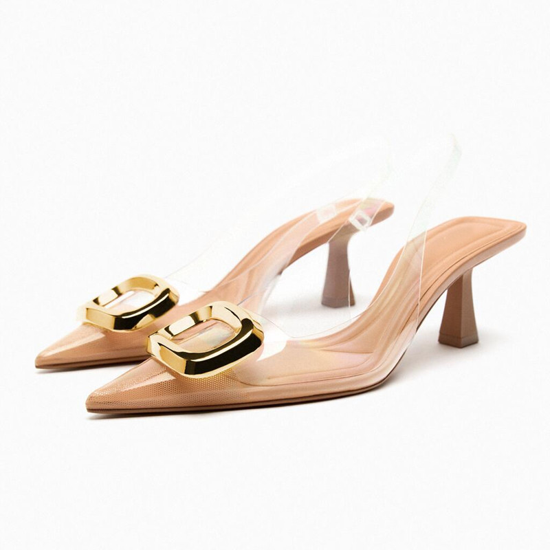 ZARA2023年春季新款女鞋金色方扣裝飾品露跟鞋尖頭鞋高跟鞋透明涼鞋