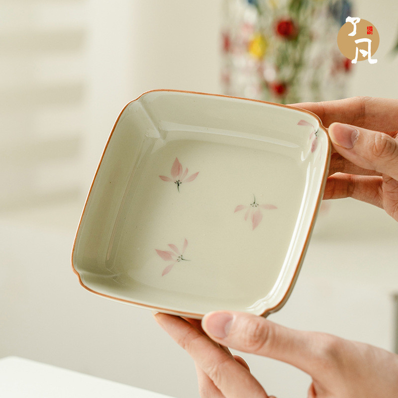 【了凡】草木灰純手繪粉蘭花方形果盤 陶瓷壺承 單層茶承壺託 可愛果盤