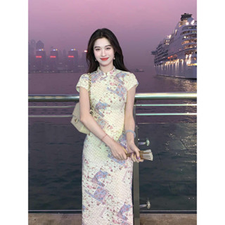 【桃喜Rich現貨】年輕款旗袍 小清新風格 聚會禮服 春曉語蝶新中式洋裝 蕾絲碎花改良旗袍女顯瘦連衣裙