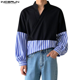 Incerun 男士條紋拼接撞色小立領長袖襯衫