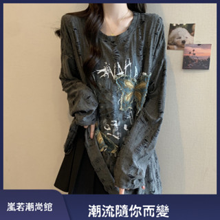 美式復古蝴蝶貼布長袖T恤女2025秋季新款韓版寬鬆顯瘦中長款上衣女