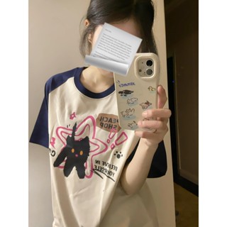 【HOT 本舖】 純棉220克品質好貨後包領撞色拼接印花插角袖短袖t恤女學生上衣潮