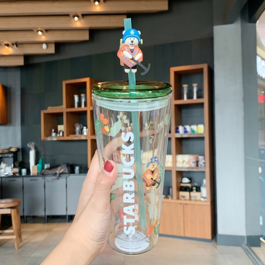STARBUCKS 免費杯墊和手提包591ML星巴克耐高溫玻璃櫻花吸管大容量雙層ins玻璃水咖啡杯