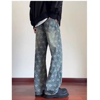 【HOT 本舖】男裝 氣質無品牌文藝提花牛仔褲男直筒闊腿褲拖地長褲簡約時尚潮流日系
