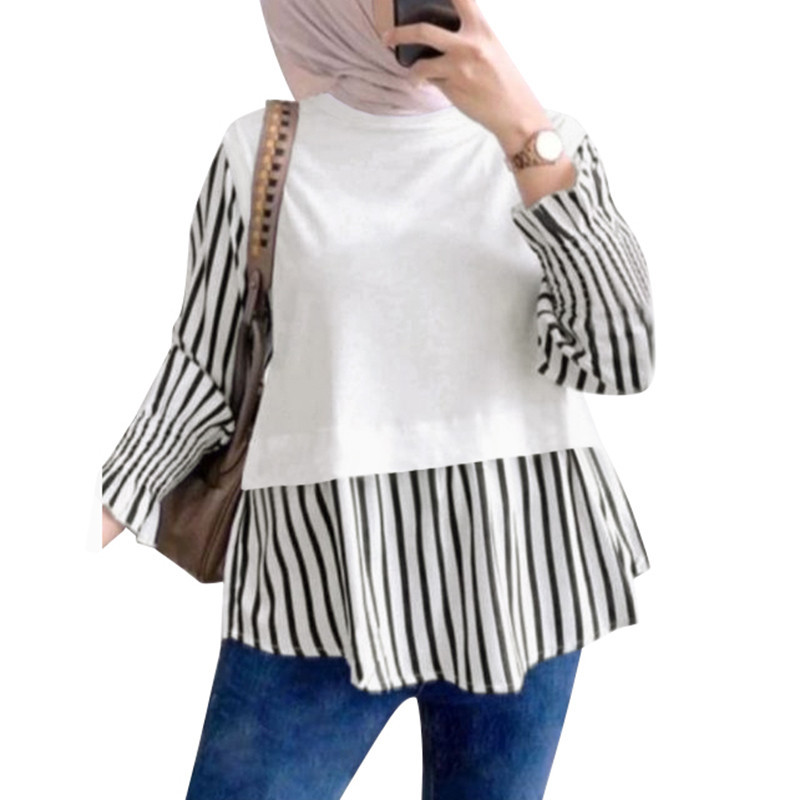 Hijabista 女士穆斯林休閒條紋假兩件拼布襯衫