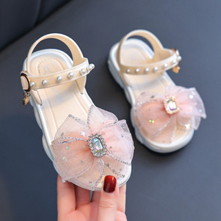 女童涼鞋夏季新款珍珠花朵公主鞋寶寶沙灘鞋