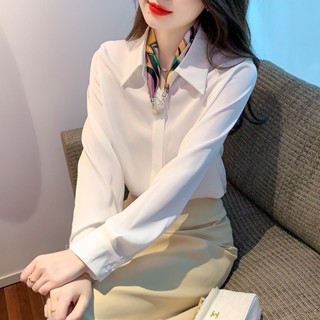 醋酸緞面落肩袖白色襯衫 色 S-XL OL職業裝 秋裝新款 高檔上衣女裝 正韓襯衫 配領帶