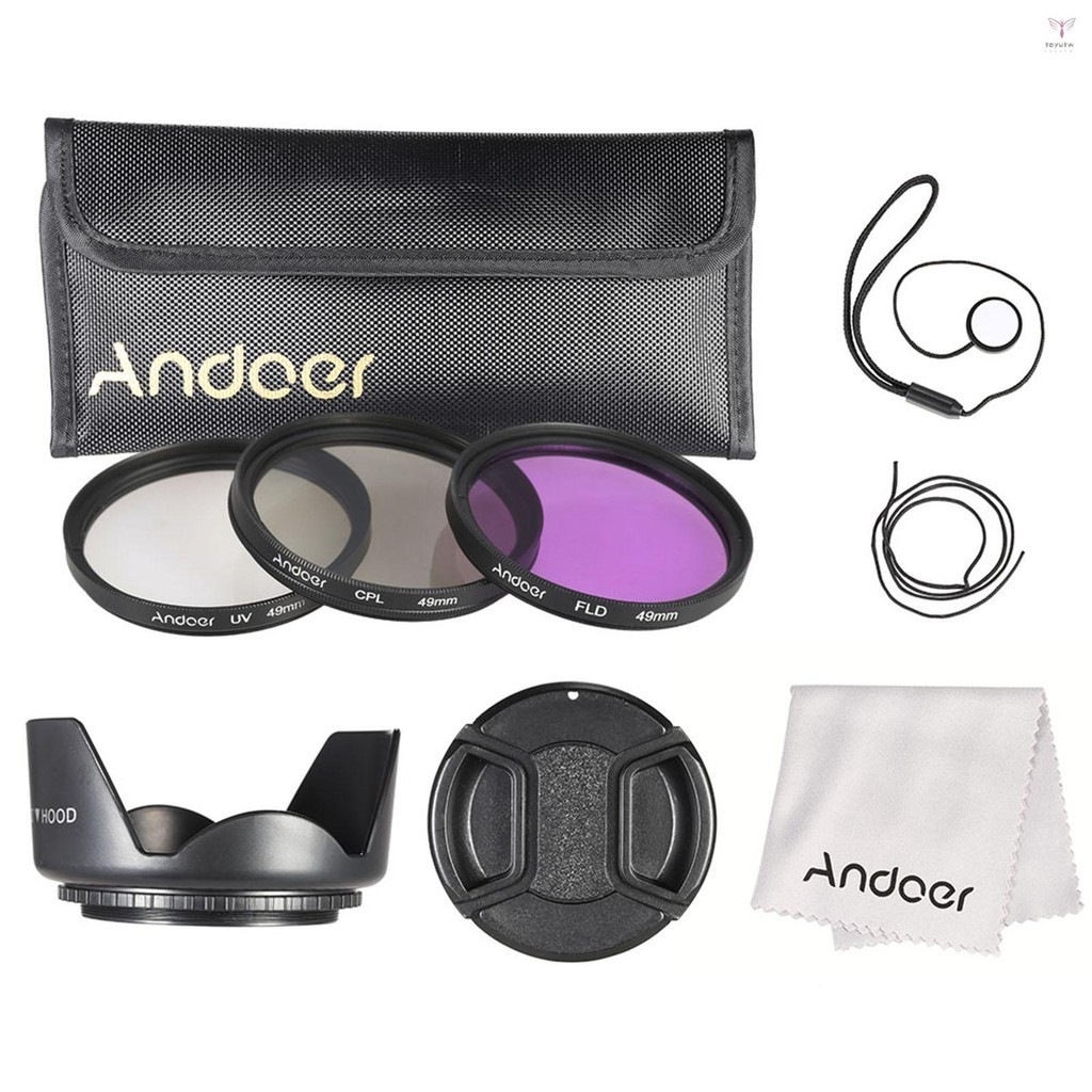 Andoer 49mm 濾鏡套件 (UV+CPL+FLD) + 尼龍便攜袋 + 鏡頭蓋 + 鏡頭蓋支架 + 遮光罩 +