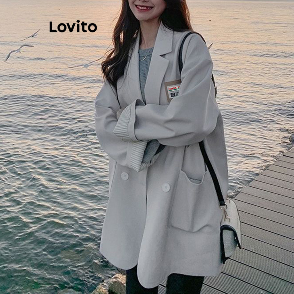 Lovito 女士休閒素色羈扣口袋西裝外套 LNA35097 (米白色)