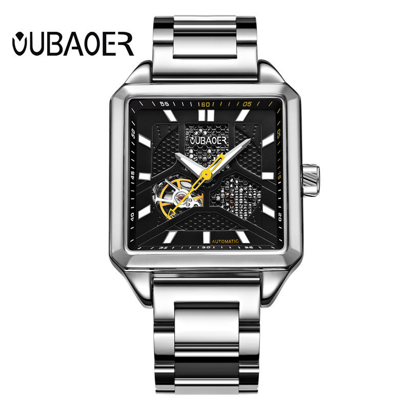 【帕達數位手錶專營店】全自動機械錶時尚潮人男士手錶鏤空防水鋼帶方形機械錶