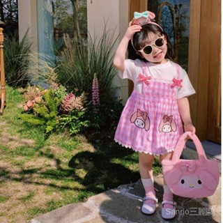【現貨】庫洛米洋裝 女童洋裝 兒童洋裝 夏季寶寶格子小清新卡通揹帶短袖公主裙 kuromi