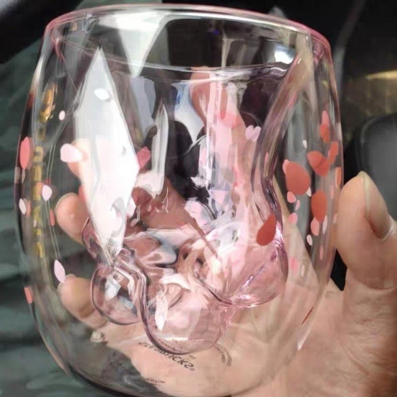 玻璃杯透明貓爪杯櫻花印花咖啡杯耐高溫防燙雙層牛奶杯造型甜美少女最愛