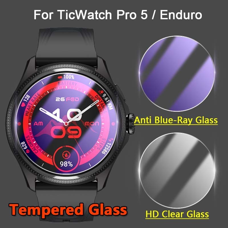 【1-5片】9H鑽石鋼化玻璃適用TicWatch Pro 5 Enduro手錶 2.5D高清防刮 防紫光護眼防爆保護貼膜
