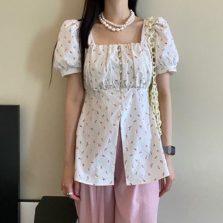 韓國chic夏季法式小眾設計感褶皺拼接氣質方領泡泡袖碎花襯衫上衣