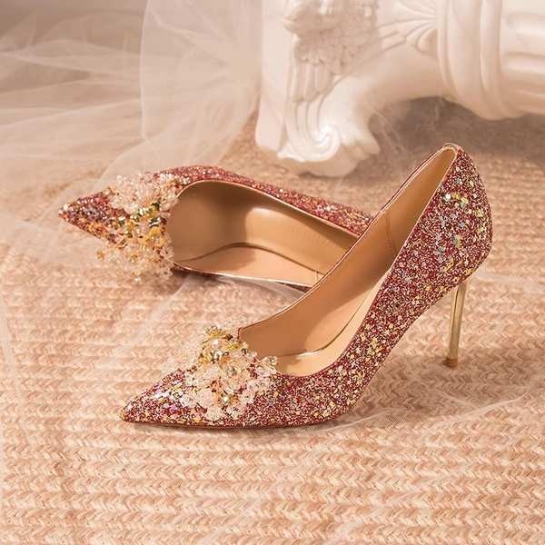 水晶婚鞋禾秀主婚紗兩穿法式尖頭細高跟鞋女酒紅色婚禮新娘伴娘鞋