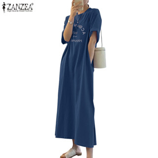 Zanzea 女士日常休閒圓領寬鬆印花短袖連衣裙