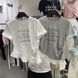 【臺灣出貨】韓係蕾絲邊拚接印花短袖純棉T恤女2025夏季新款圓領甜美上衣女潮大碼女裝 胖妹妹 大尺碼