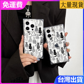 iPhone 16 15 14 13 Pro max卡通素描貓咪於新款方形全包情侶透明防摔手機殼保護套