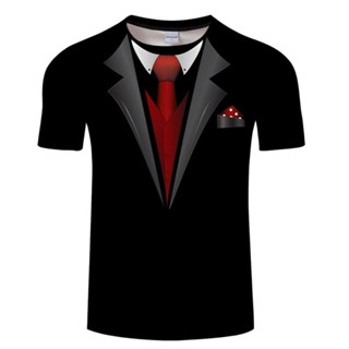 休閒短袖男士領結 3D 列印 T 卹夏季時尚復古燕尾服領帶套裝襯衫街頭搞笑假西裝上衣