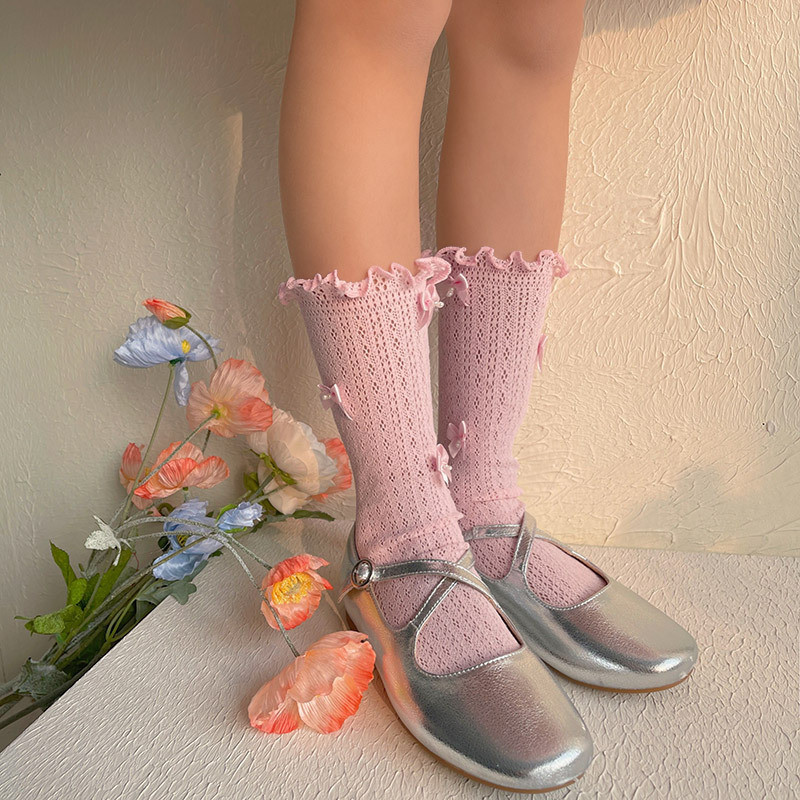 女童襪子春夏堆堆襪女童芭蕾風蕾絲襪新品可愛珍珠蝴蝶結兒童蕾絲木耳花邊中筒襪兒童蕾絲堆堆襪