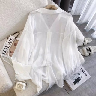 多色現貨】夏天衣服 薄款冰絲防曬外套 後背開叉中長款防曬襯衫女 2024年夏季新款韓版簡約POLO領雪紡開衫 空調衫