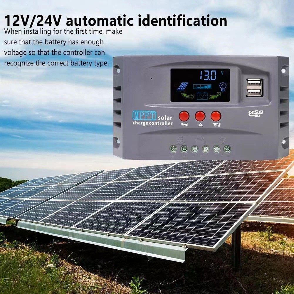 熱賣⚡ Mppt太陽能充電控制器12v24v穩壓器彩屏雙usb太陽能電池板