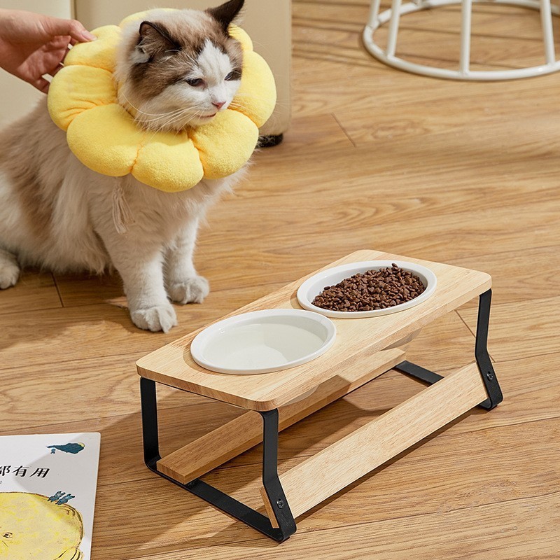 木質寵物貓碗架寵物貓碗陶瓷雙碗斜口護頸貓食盆架防打翻寵物碗架