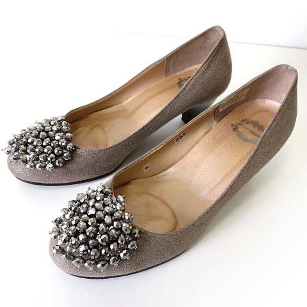 GERRY M 5跟鞋二十三點五厘米 灰色 絨面 串珠 金屬 紅寶石 日本直送 二手