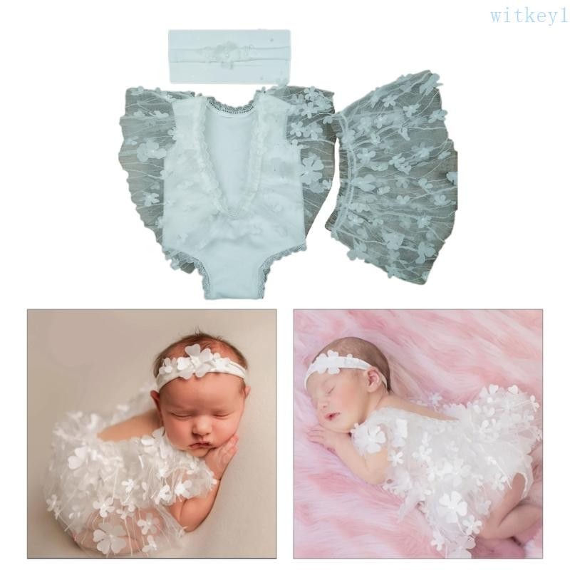 Wit 嬰兒照片服裝頭帶薄紗芭蕾舞短裙連身衣照片服裝嬰兒照片服裝套裝新生兒淋浴