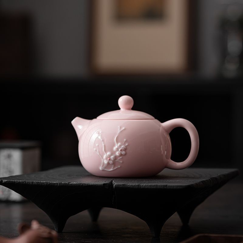 粉色浮雕梅花茶壺粉色西施壺陶瓷方形茶復古茶壺單個茶壺