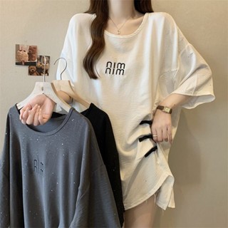M-4XL 大尺碼新中式國風盤扣短袖t恤女夏新款寬松顯瘦不規則褶皺亮片上衣女ins