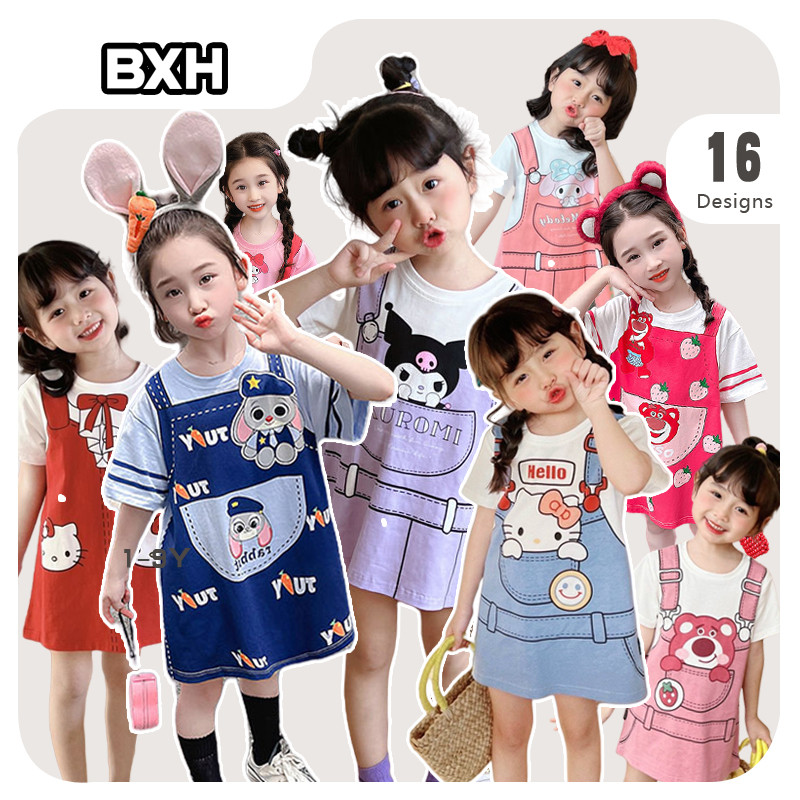 【BXH】90-140CM 女童洋裝 女童裝 可愛卡通印花假兩件 短袖T恤裙洋裝 女童洋裝夏天