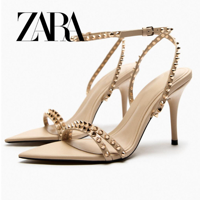 ZARA 高跟鞋尖頭鉚釘一字帶涼鞋女時尚細跟
