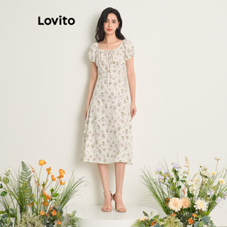 Lovito 女士休閒小碎花抽繩前褶邊抽繩洋裝 L80ED188