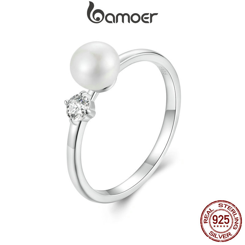 Bamoer 925 純銀戒指莫桑石天然珍珠設計 0.1 克拉女士奢華時尚首飾禮物