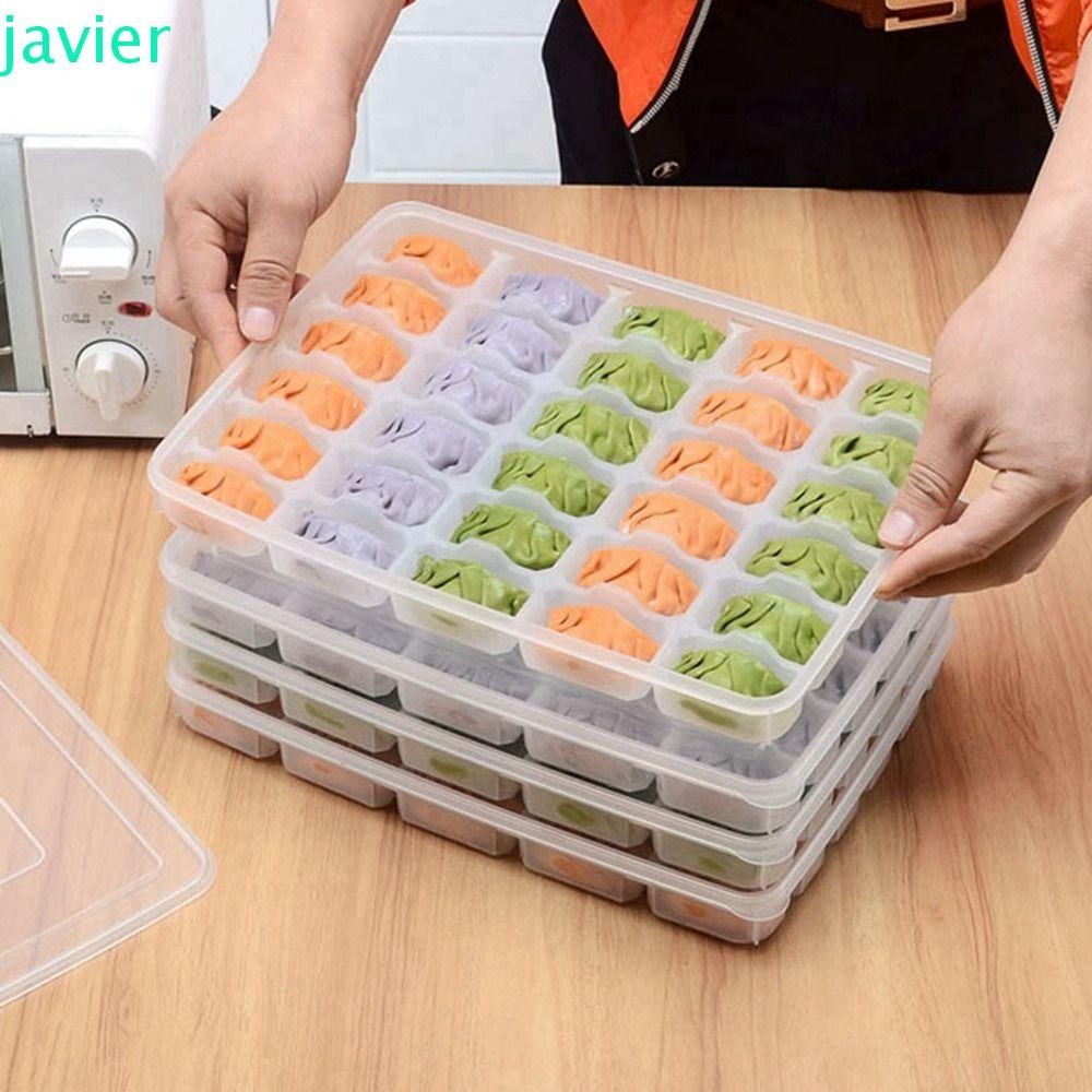 JAVI1ER微波解凍餃子盒,塑料可堆疊冷凍餃子盒,食物儲存盒透明密封帶蓋子餃子架冰箱