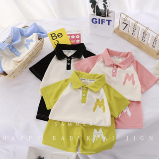 (2-10 歲)女嬰 Polo 衫 + 短褲兒童男孩韓文字母 2 件套兒童短袖襯衫 + 褲子