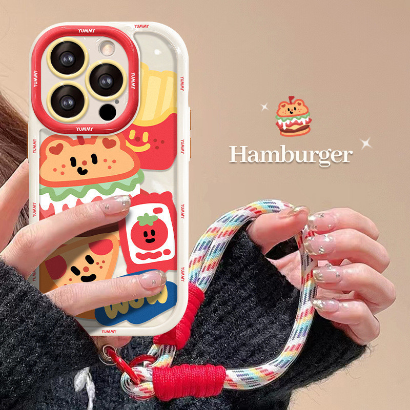 適用蘋果15手機殼iPhone14pro漢堡包掛繩iPhone 13/12高級感矽膠保護殼iPhone xr/xs