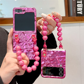 SAMSUNG 適用於三星 Galaxy Z Flip5 Flip4 Flip3 玫瑰紅電鍍皺紋帶手鍊硬手機殼的折疊手機