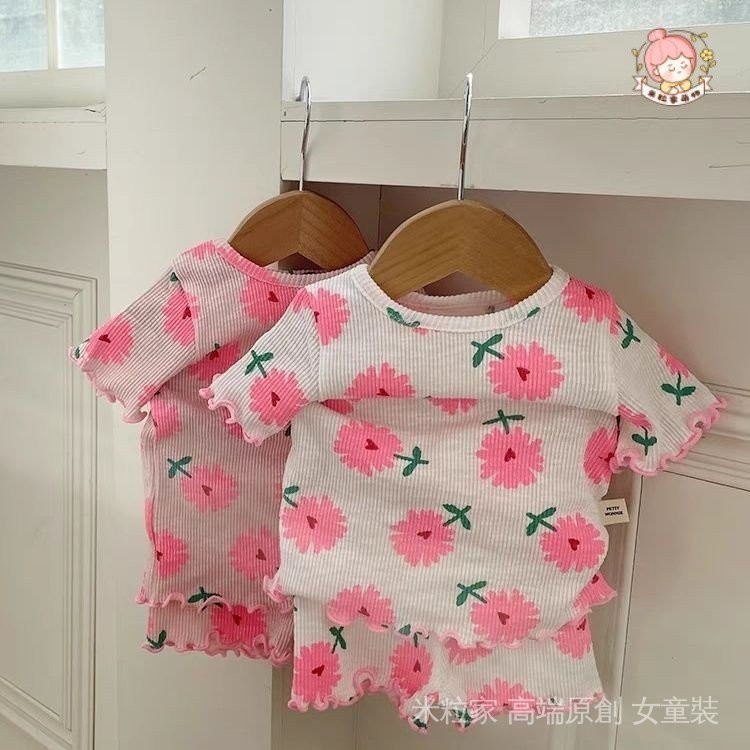 米粒家新款 韓國夏季莫代爾兒童滿印花朵短袖短褲家居服 兩件套女寶寶洋氣睡衣套裝潮