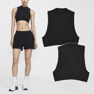 Nike 背心 NSW 女款 黑 羅紋 針織 刺繡 削肩 修身 短版 [ACS] FN3678-010