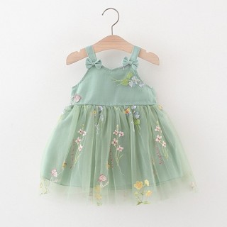 嬰兒衣服女孩花刺繡綠色連衣裙蝴蝶結結紗芭蕾舞短裙連衣裙