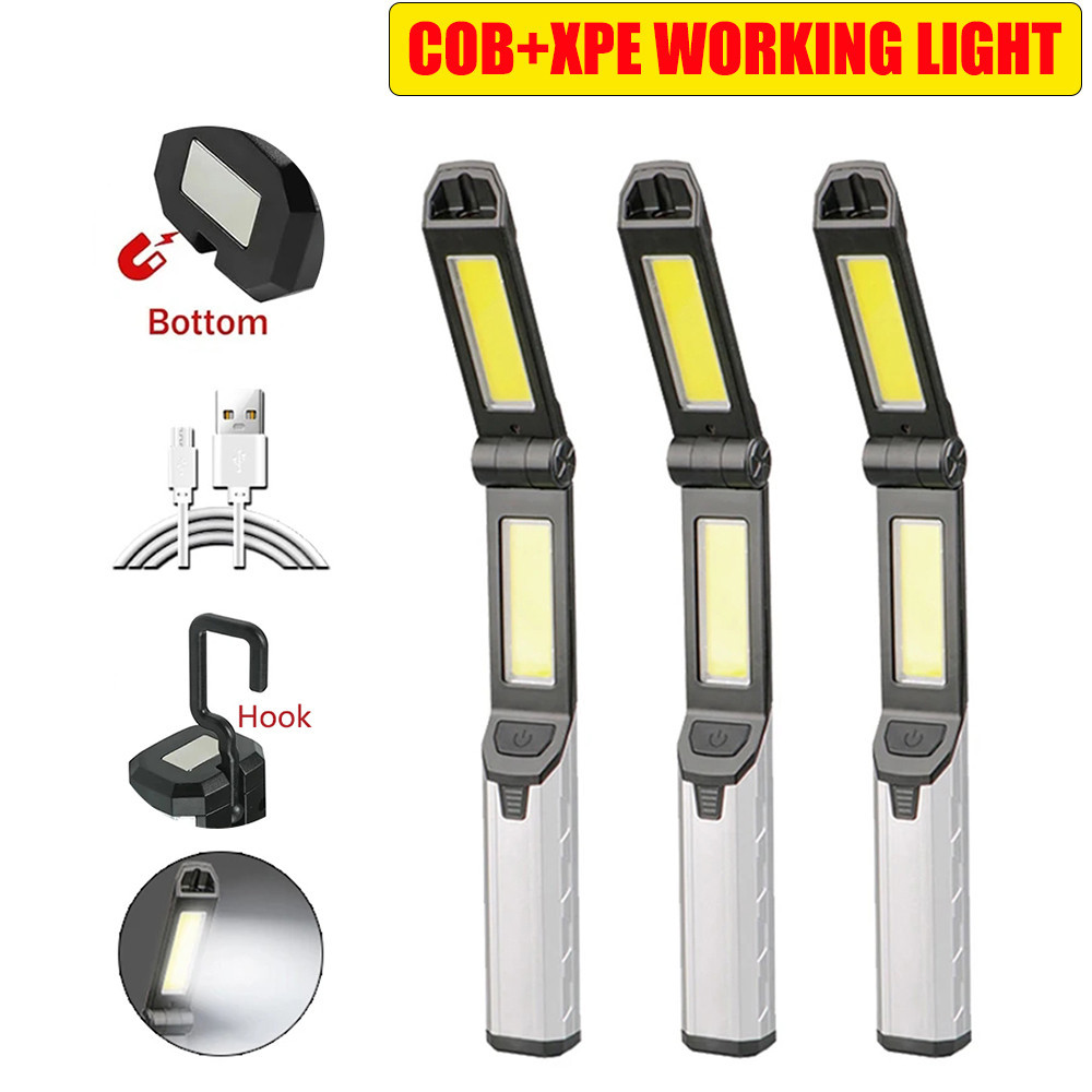 多功能cob LED手電筒USB充電式磁性工作燈便攜式戶外野營釣魚燈帶掛鉤