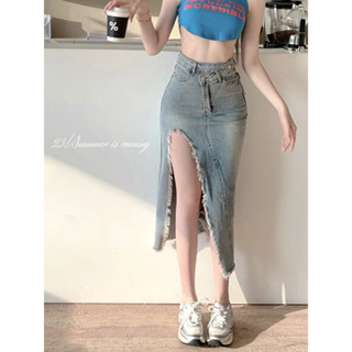 💖臺灣出貨💖牛仔半身裙 高腰中長裙 女生長裙 不規則開叉牛仔半身裙女夏季2024新款高腰包臀裙子復古毛邊中長裙