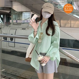 【K-Chic】條紋襯衫外套女長袖 韓系 中長款 防曬開衫襯衣 薄款 外搭上衣 休閒上衣 長袖上衣